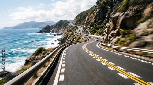 Scenic coastal highway winding along steep cliffs overlooking the blue ocean with cars and motorcycles driving on a sunny day