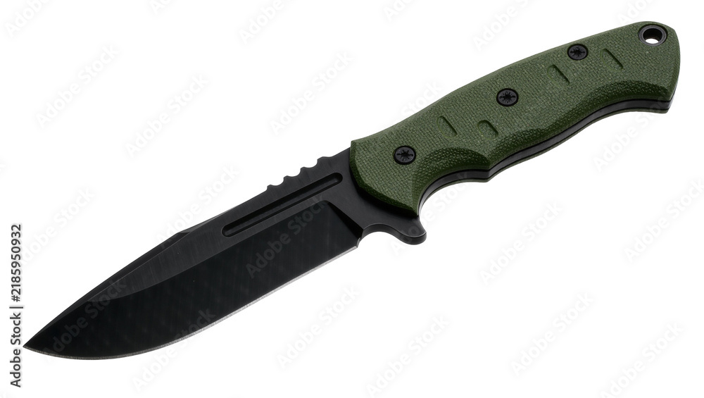 Fototapeta premium Tactical combat knife with black blade and green grip, isolated on transparent background