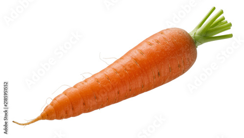 Konstfotografi Single fresh orange carrot with green leafy top, isolated on transparent backgro