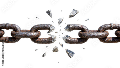 Canvas Print Rusty metal chain links breaking apart scattering fragments, isolated on transpa