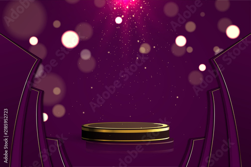 Elegant gold and black circular product display stage with purple curtains and glowing bokeh background