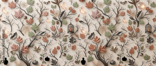 Autumn Leaves Seamless Pattern With Decorative Branches, Moons, Acorns and Vintage Birdcage