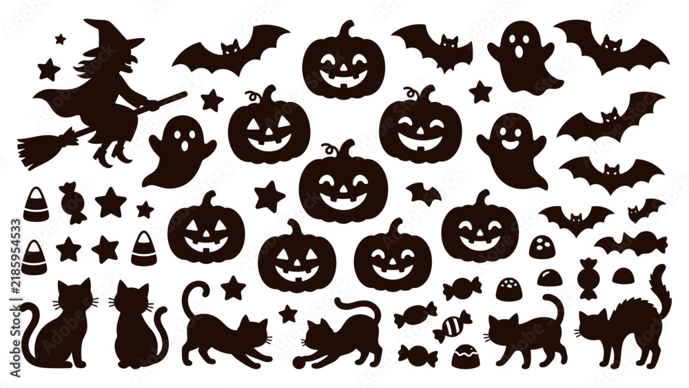 Obraz premium Black Halloween icons vector collection of spooky symbols