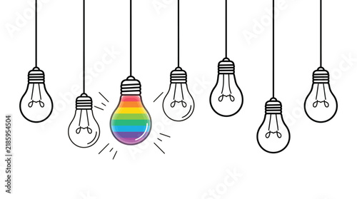 Vibrant rainbow light bulb standing out among many simple black and white line art light bulbs