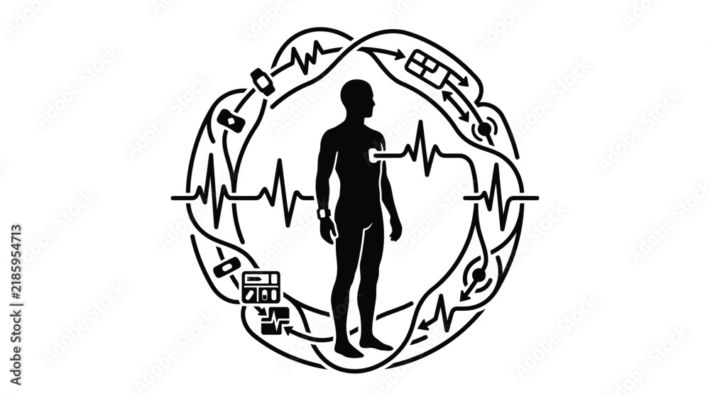 Fototapeta premium Human silhouette connected to digital health tracking systems featuring pulse waves and medical data monitoring elements