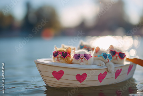 animals by ai, kittens wearing heart shaped sunglasses in white boat with pink hearts, lake bokeh, cute, sweet, photorealistic