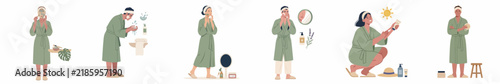 Vector illustration set showing a woman's daily skincare routine including face washing, moisturizing, applying masks, and using sunscreen for healthy skin care.