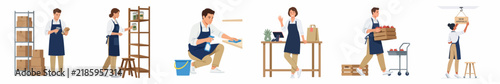 Professional Supermarket and Warehouse Staff Illustration Set Depicting Various Daily Tasks Like Stocking Shelves, Cleaning, and Customer Service