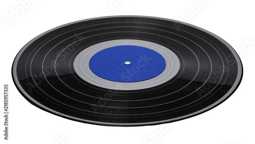 Fotografía Black vinyl record with blue label and grey ring, isolated on transparent backgr