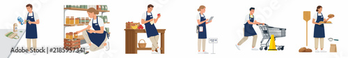 Set of supermarket staff illustrations showing various retail activities like stocking shelves, checking inventory, bakery service, and assisting customers in a grocery store.