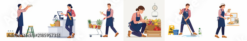 Set of grocery store staff characters performing various daily tasks such as stocking shelves, checkout service, cleaning, and customer assistance.