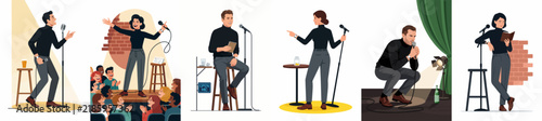 Set of flat vector illustrations featuring diverse male and female stand-up comedians performing on stage with microphones, stools, and spotlights.