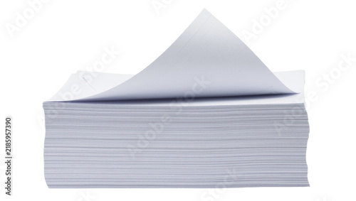 Foto Stack of white paper sheets with one page turned over, isolated on transparent b