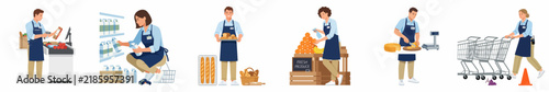 Flat vector illustration set of diverse supermarket employees performing various daily tasks such as stocking shelves, checkout, and managing shopping carts.