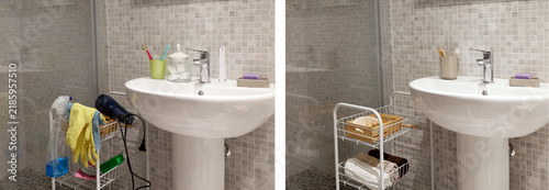 Bathroom cleaning before after comparison with sensory minimalist layout.