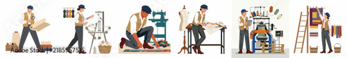 Set of flat vector illustrations depicting various stages of textile production and garment manufacturing, including design, sewing, weaving, and fabric inspection.