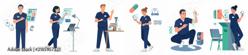 Set of flat vector illustrations depicting diverse medical professionals in blue scrubs performing various healthcare tasks and using modern medical technology.