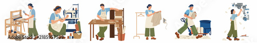 Flat vector illustration of workers in a textile and garment manufacturing workshop showing weaving, sewing, cutting, and quality control processes.