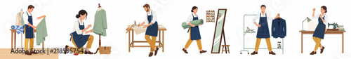 Set of professional tailors and dressmakers working in a fashion studio, designing, measuring, and sewing custom handmade clothing.