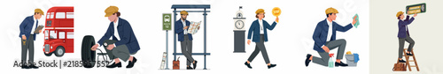 Set of vector illustrations depicting a male service worker in a uniform performing various urban tasks, from maintenance to public transit scenarios.