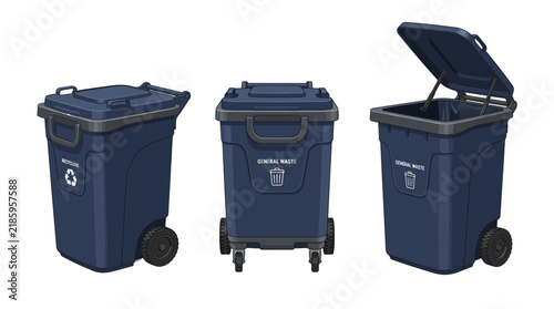 Blue plastic waste bins with wheels shown in three different perspectives on a white background