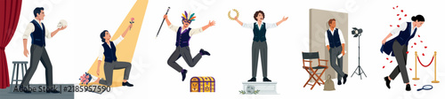 Set of illustrations depicting various stages and roles of a professional theater actor, from performance and backstage to curtain calls and awards.