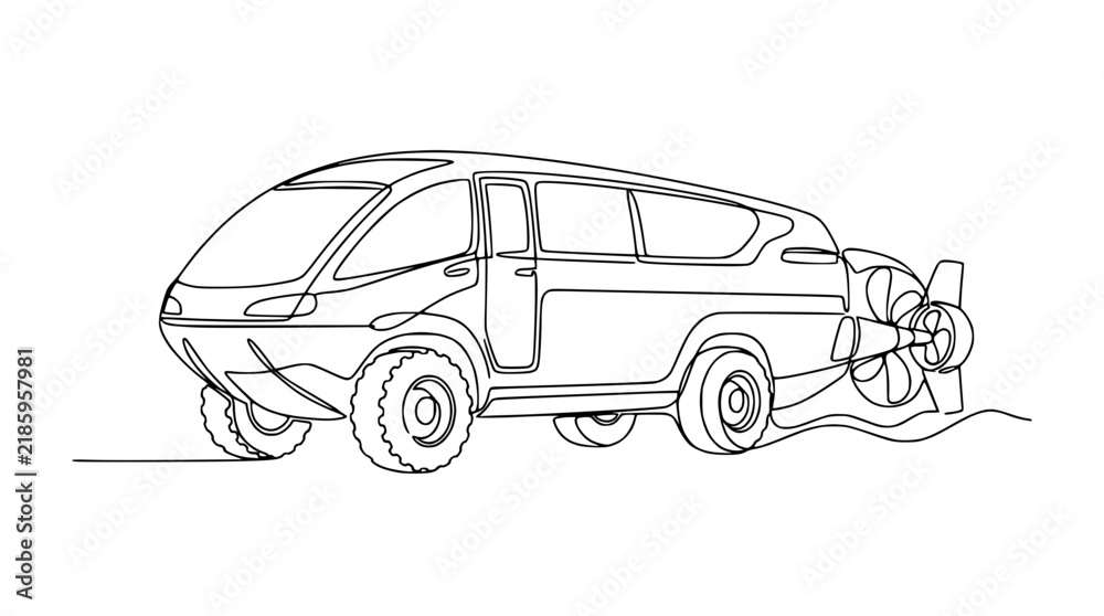 Naklejka premium Amphibious Vehicle Drawing, Continuous Line Art, Water Transportation Concept