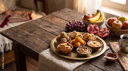 Traditional Sargi thali with sweets, fruits, nuts, and a glass of water on a rustic wooden table for Karwa Chauth festival celebration and morning pre-dawn meal ritual concept