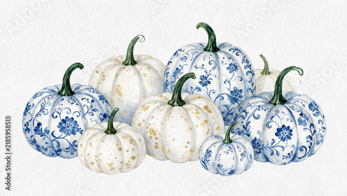 Elegant Pumpkins Clipart with Blue and White Floral Porcelain Pumpkins with Gold Glitter Splatter, Luxury Autumn Harvest and Thanksgiving Watercolor Illustration Isolated on White Background.