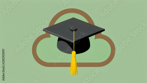 Black graduation cap with yellow tassel on a cloud icon illustration