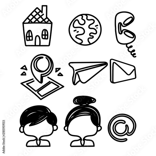 Collection of handdrawn doodle icons for contact us, communication, and business interfaces. Includes line art vector illustrations of home, phone, email, location map pin, globe, and user profile 