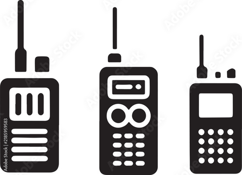Walkie talkies and handheld portable radios for communication systems in black and white icons