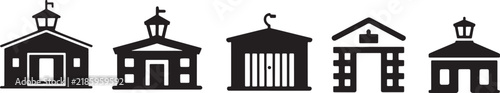 Airport building and airfield hangar silhouette icons for aviation transport facilities