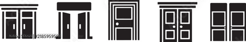Black door silhouette glyph icons representing various entrance and house doorway portals