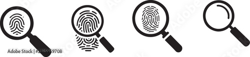Magnifying glass icons with fingerprint patterns for forensic investigation and identity