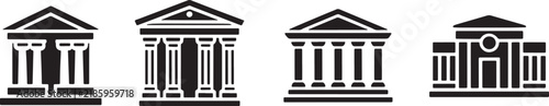 Neoclassical government bank and museum building icons with Greek columns and pediments