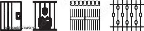 Prison cell door inmate behind bars security fence with barbed wire and steel window grates