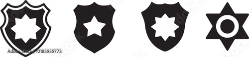 Police badge collection with black shield emblems and star shapes for security applications