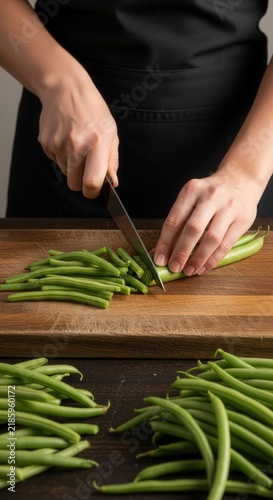Fresh Green Beans Being Prepared For Cooking On A Wooden Cutting Board