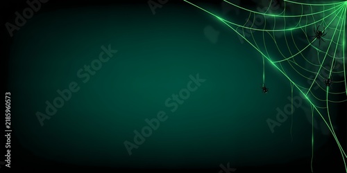 Spooky Green Halloween Background with Glowing Spider Web, Corner Border, and Wide Copy Space