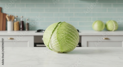 Fresh Green Cabbage On A Marble Countertop With Kitchen Background