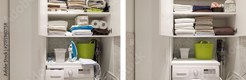 Laundry cabinet cleaning before after result with smart storage.