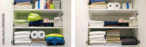 Bathroom cabinet cleaning before after result with aesthetic shelves.
