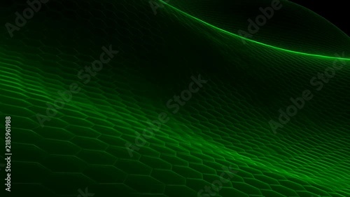Luminous green wave mesh flows through a dark digital field. Technology presentations, digital product promotion, and science media.
