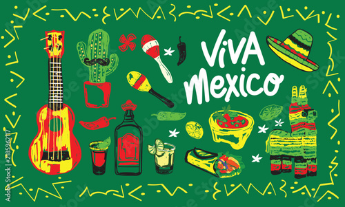 Viva Mexico Mexican Culture Celebration with Sombrero Food and Fiesta Symbols Poster