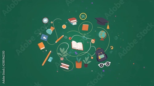 Educational themed illustration with books and supplies on green background