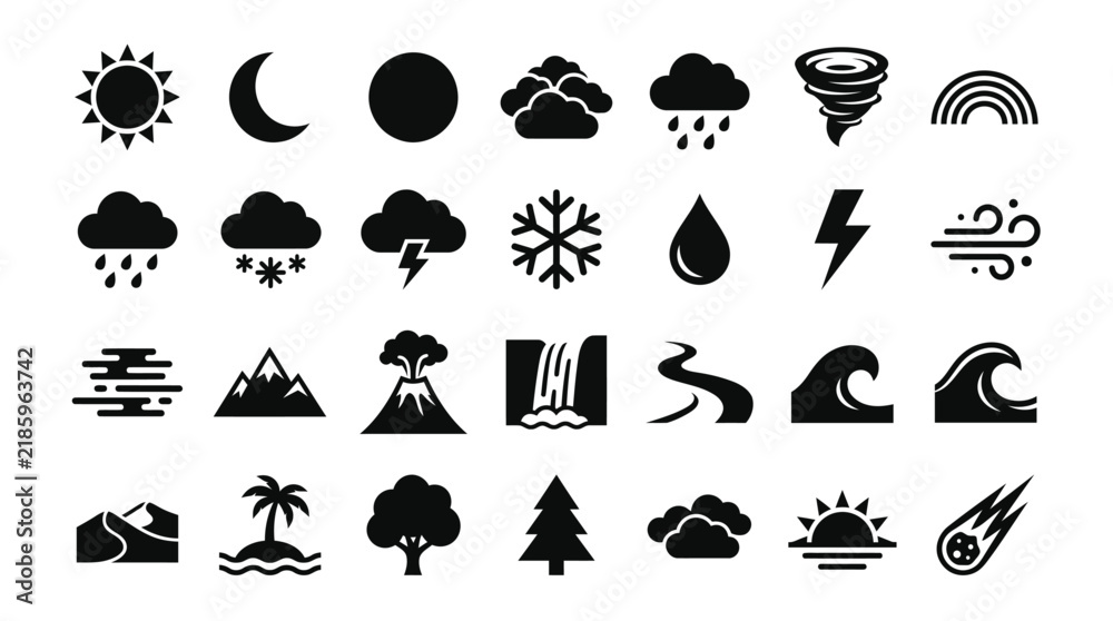 Obraz premium Nature and Weather Icons Set: A comprehensive collection of black silhouette icons representing various natural phenomena and weather conditions, from sunshine and rain to storms and celestial bodies.