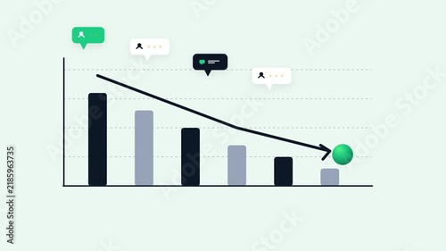 Declining business bar chart with social media engagement and trend arrow finance analytics