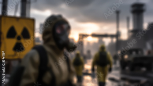 Blurred view of a person in a gas mask and hazmat suit near a radiation warning sign