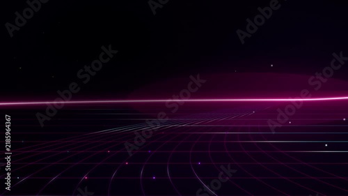 Retro synthwave neon grid horizon with glowing particles and laser light motion background